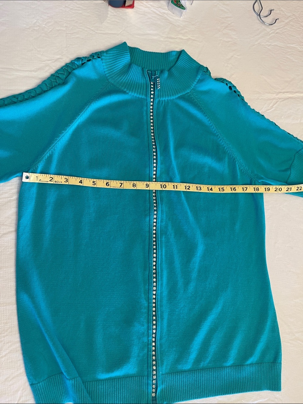 Belldini Teal Rhinestone Zip-Front Short Sleeve Sweater Size XL - Picture 8 of 16